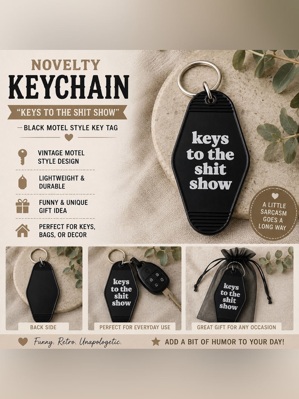 Keys to the Shit Show Funny Motel Keychain Retro Black Key Tag